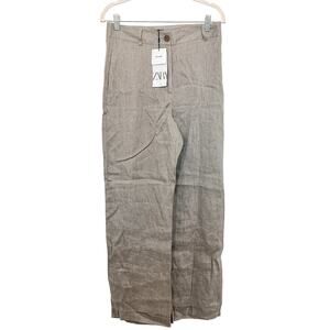 Zara Wide Leg Linen-Blend Pants in Taupe